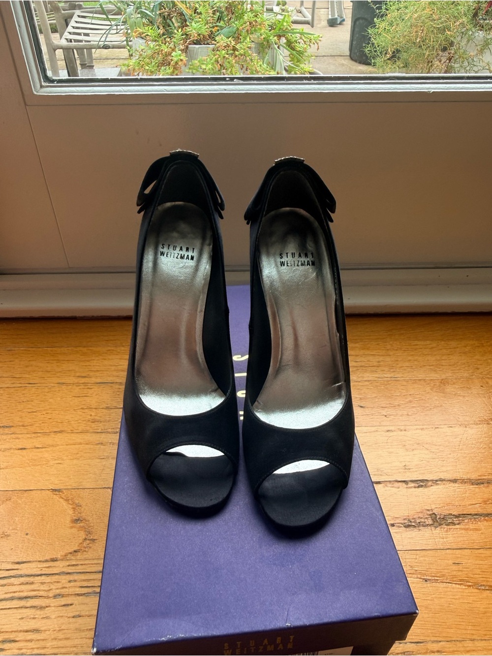 Stuart Weitzman Black Satin Peep-Toe Pumps